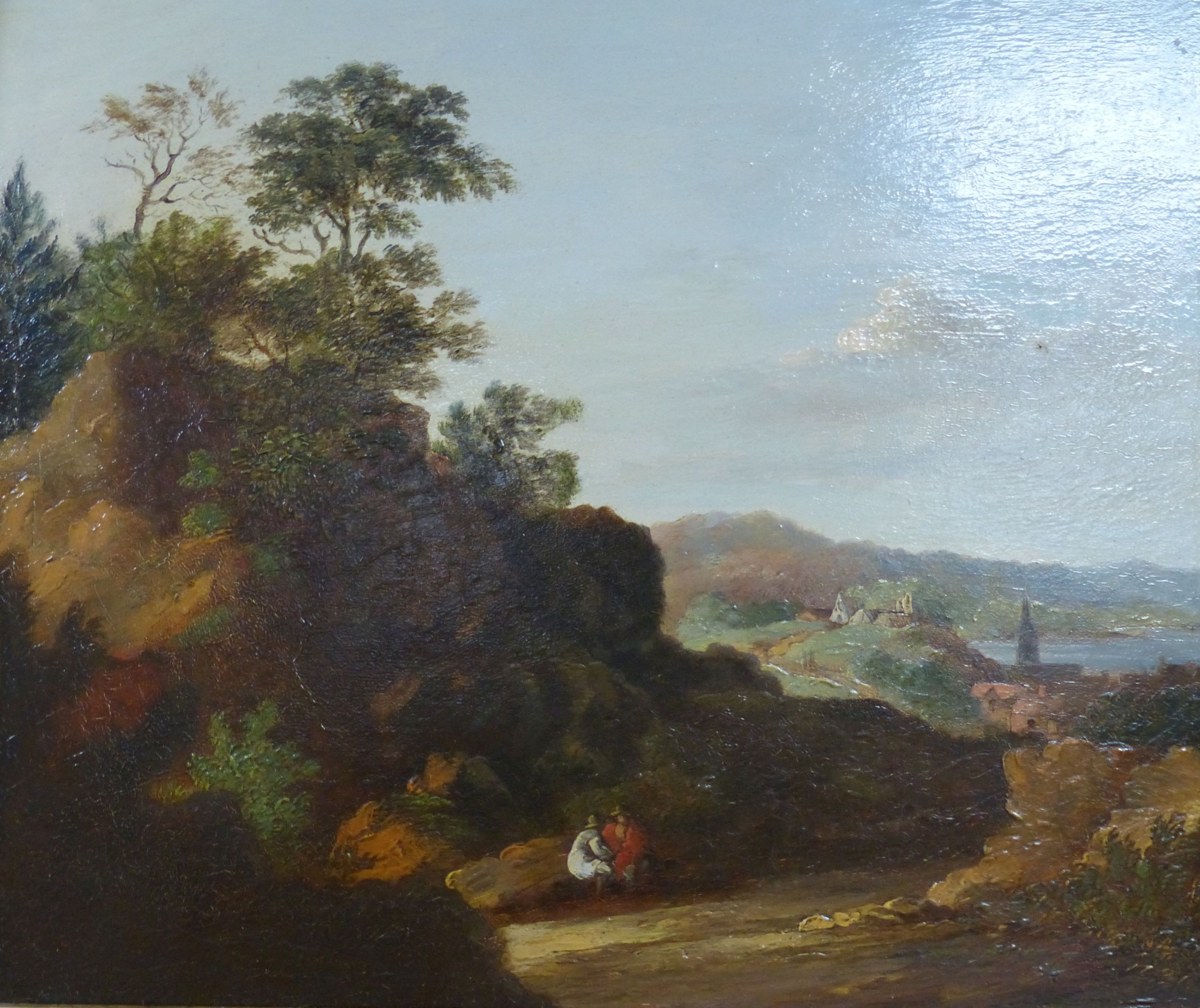 19th century English School, oil on wooden panel, Figures in a landscape, 26 x 31cm
